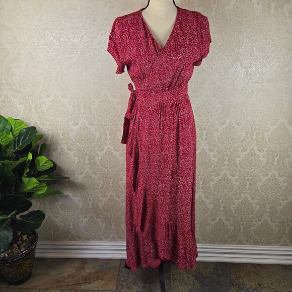 Unbranded Size Small Red White Floral Print Wrap Dress Self Tie Belt Ruffle Hem - Picture 1 of 15